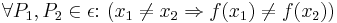 \forall P_1, P_2 \in \epsilon \colon\, (x_1 \ne x_2 \Rightarrow f(x_1) \ne f(x_2))
