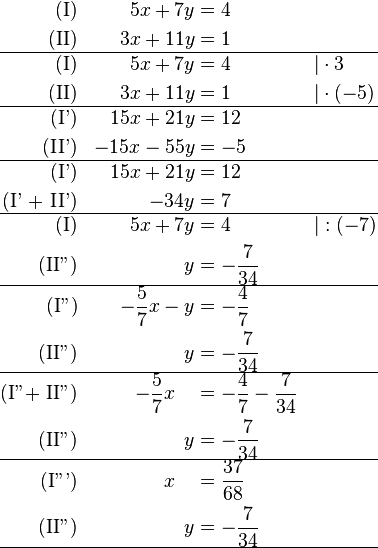 \begin{align}
\text{(I)} && 5x + 7y &= 4 && \\
\text{(II)} && 3x + 11y &= 1 && \\
\hline
\text{(I)} && 5x + 7y &= 4 && \vert  \cdot 3\\
\text{(II)} && 3x + 11y &= 1 && \vert  \cdot (-5)\\
\hline
\text{(I')} && 15x + 21y &= 12 && \\
\text{(II')} && -15x - 55y &= -5 && \\
\hline
\text{(I')} && 15x + 21y &= 12 && \\
\text{(I' + II')} &&  - 34y &= 7 && \\
\hline
\text{(I)} && 5x + 7y &= 4 && \vert :(-7) \\
\text{(II'')} &&  y &= -\frac{7}{34} && \\
\hline
\text{(I'')} && -\frac{5}{7}x - y &= -\frac{4}{7} &&  \\
\text{(II'')} &&  y &= -\frac{7}{34} && \\
\hline
\text{(I''+ II'')} && -\frac{5}{7}x ~ ~ ~&= -\frac{4}{7}-\frac{7}{34} &&  \\
\text{(II'')} &&  y &= -\frac{7}{34} && \\
\hline
\text{(I''')} && x ~ ~ ~&= \frac{37}{68} &&  \\
\text{(II'')} &&  y &= -\frac{7}{34} && \\
\hline

\end{align}