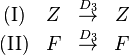 
\begin{matrix}
\text{(I)} & Z &\overset{D_3}{\rightarrow} &Z \\ 
\text{(II)} &F &\overset{D_3}{\rightarrow} &F
\end{matrix}
